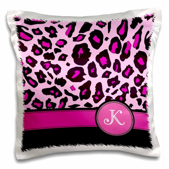 3drose, Personalized Initial K Monogrammed Hot Pink and Black Leopard Pattern Animal Print - Personal Letter, 16x16 inch Pillow Case