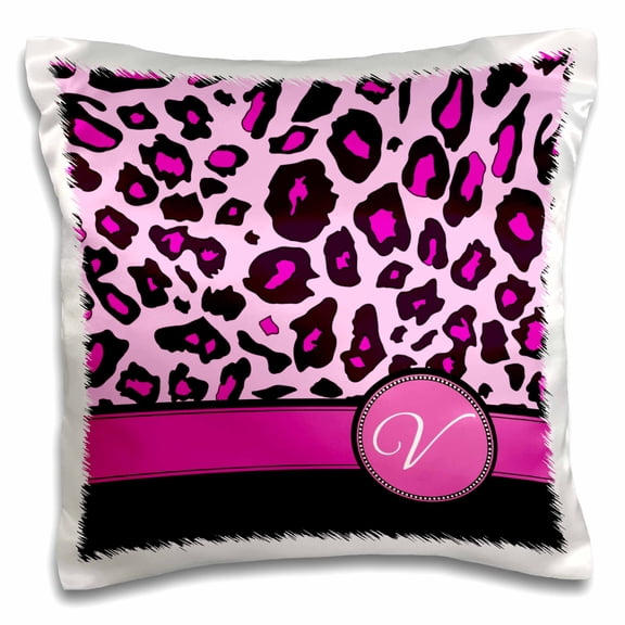 3dRose, Personalized initial V monogrammed hot pink and black leopard pattern animal print - personal letter, 16x16 inch Pillow Case