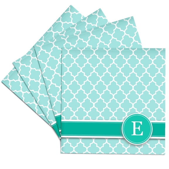 3dRose, Personalized letter E aqua blue quatrefoil pattern Teal turquoise mint monogrammed personal initial, Set of 4 Ceramic Tile Coasters