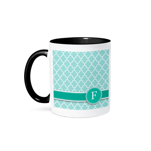 3dRose, Personalized letter F aqua blue quatrefoil pattern Teal turquoise mint monogrammed personal initial, 15oz Two-Tone Black Mug