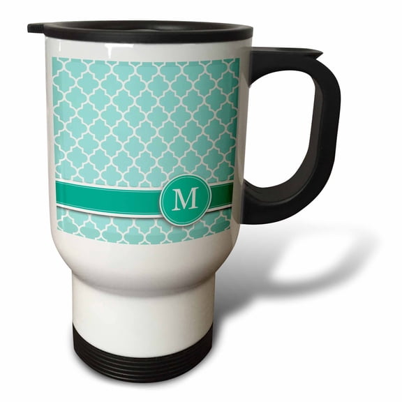 3dRose, Personalized letter M aqua blue quatrefoil pattern Teal turquoise mint monogrammed personal initial, 14oz Stainless Steel Travel Mug