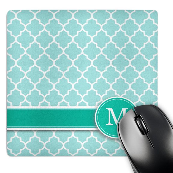 3dRose, Personalized letter M aqua blue quatrefoil pattern Teal turquoise mint monogrammed personal initial, MousePad