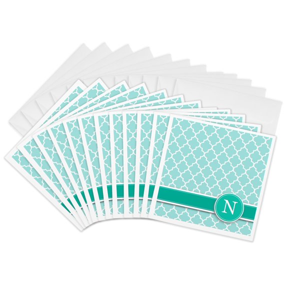 3drose, Personalized Letter N Aqua Blue Quatrefoil Pattern Teal Turquoise Mint Monogrammed Personal Initial, 12 Greeting Cards with Envelopes
