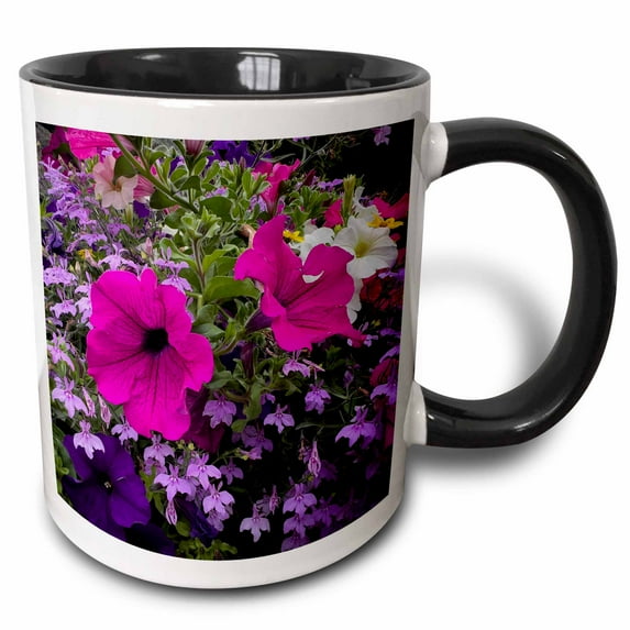 3drose, Petunias and Other Flowers Bright the Streets of Cong., 11oz Two-tone Black Mug