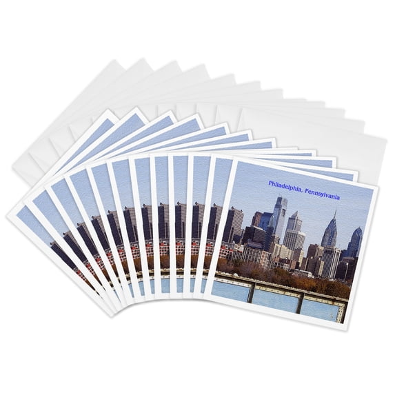 3drose, Philadelphia Skyline (textured), 12 Greeting Cards with Envelopes