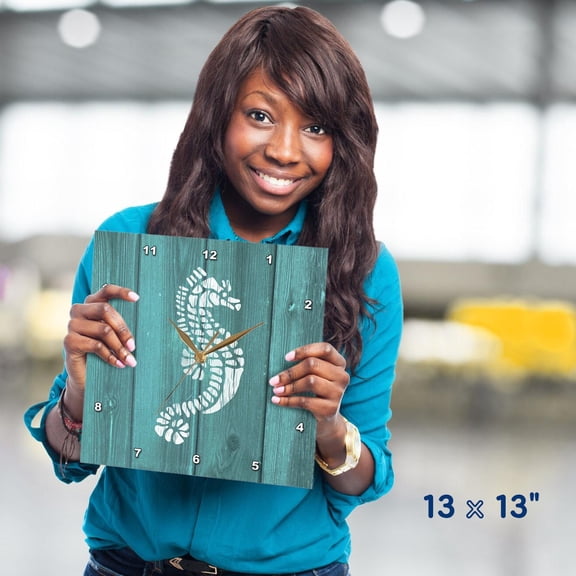 3dRose, Photo of Seahorse Painted White on Aqua Painted Wood- not real wood, 13x13 Wall Clock