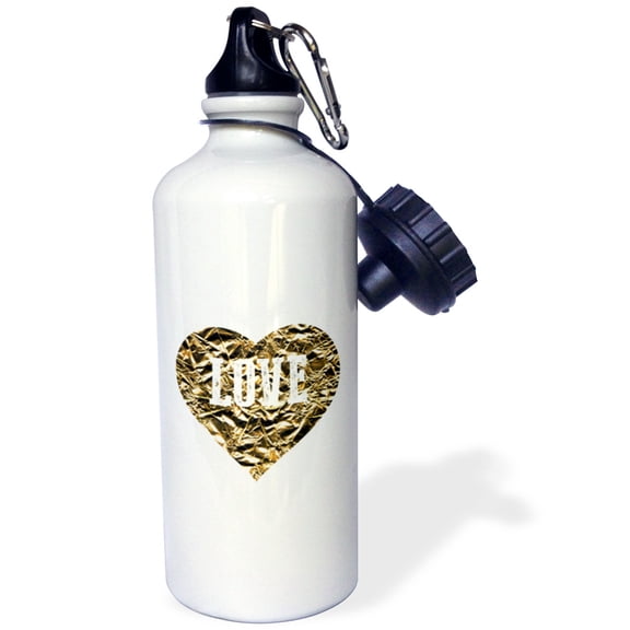 3dRose, Photo of crushed foil effect Heart of Gold with word LOVE, 21 oz Sports Water Bottle