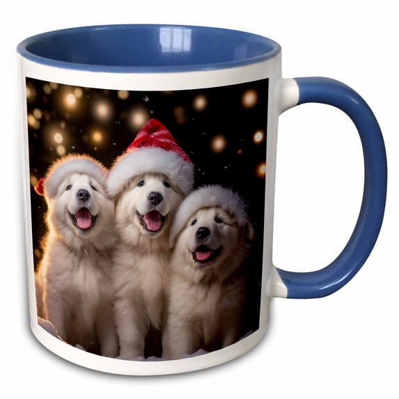 3drose, Photo of Three Happy Great Pyrenees Pups with Santa Hats in the Snow., 15oz Two-tone Blue Mug