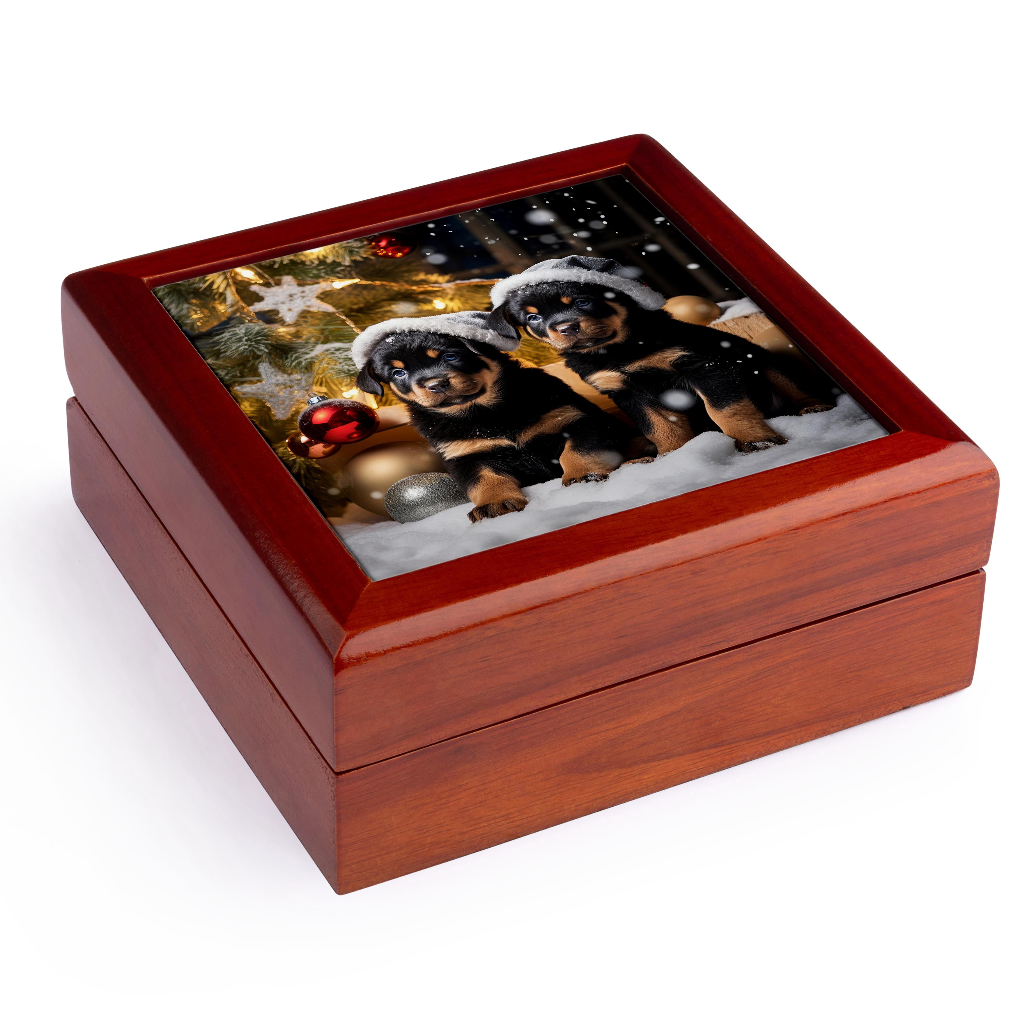 3dRose, Photo of two Rottweiler puppies with winter hats in a Christmas scene., Jewelry Box 5.5x5.5 inch with 4 inch tile