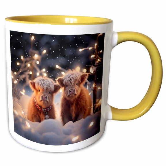 3drose, Photo of Two Baby Highland Cows in the Snow with Some Christmas Lights, 15oz Two-tone Yellow Mug