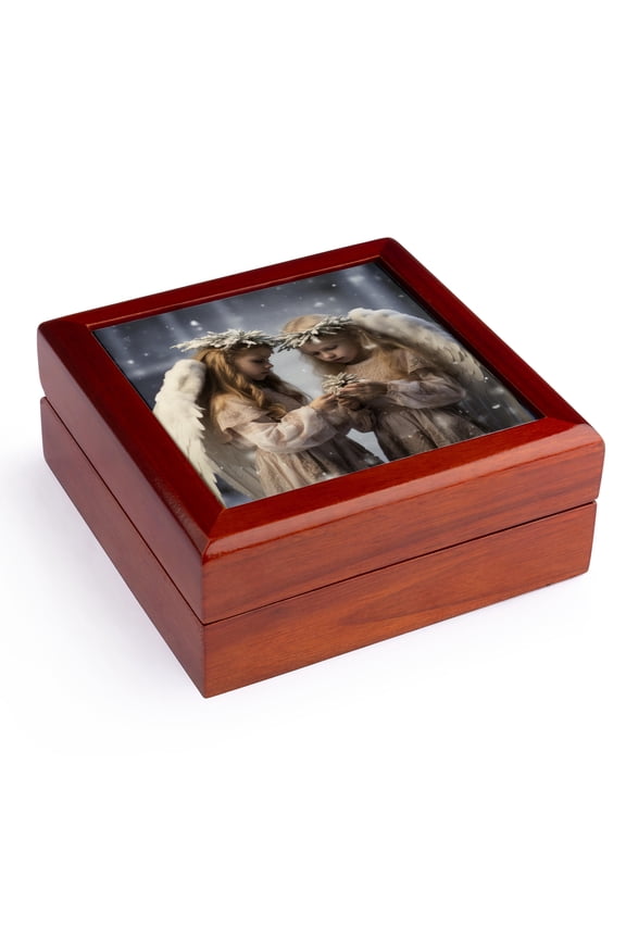 , Photo of two girls dressed in white with angel wings holding flowers., Jewelry Box 5.5x5.5 inch with 4 inch tile