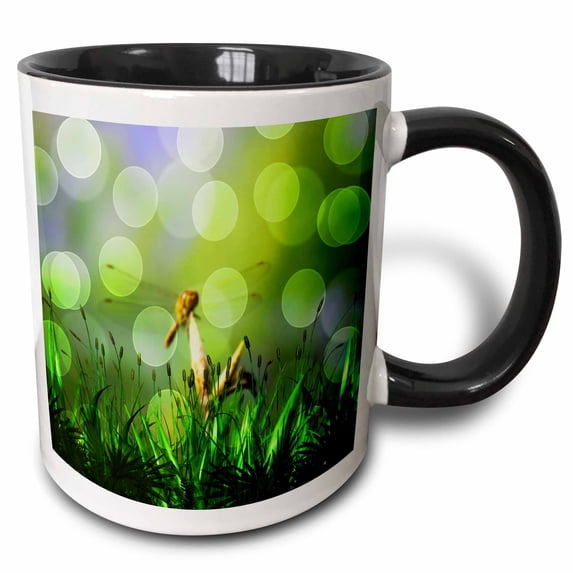 3drose, Photograph of a Dragon Fly on the Grass with an Overlay of Green Bokeh, 11oz Two-tone Black Mug