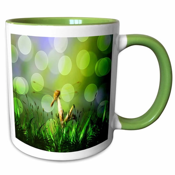3drose, Photograph of a Dragon Fly on the Grass with an Overlay of Green Bokeh, 11oz Two-tone Green Mug