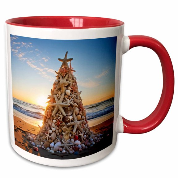 3drose, Photograph of a Christmas Tree Made of Shells and Starfish on a Beach., 15oz Two-tone Red Mug