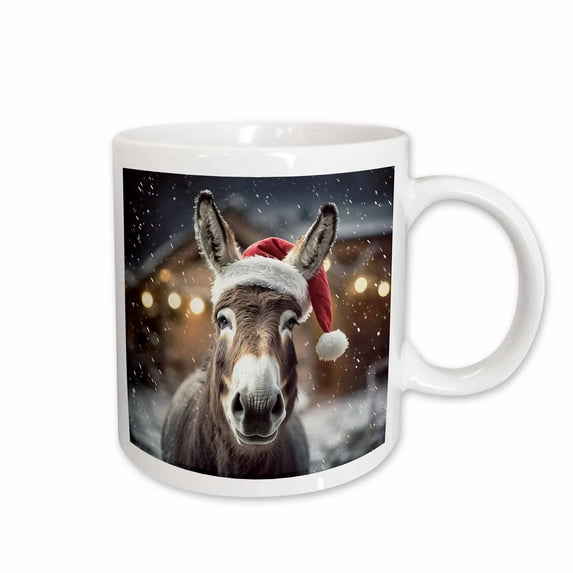3drose, Photograph of a Donkey in a Snowy Picture with a Santa Hat On., 11oz Mug