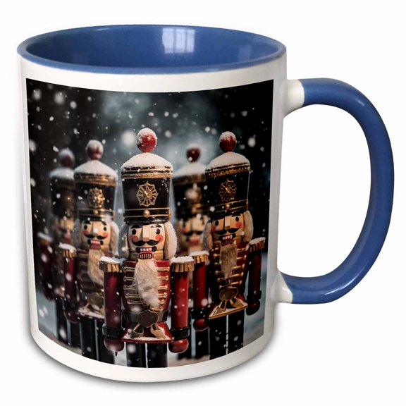 3drose, Photograph of a Group of Nutcracker Soldiers Lined Up in the Snow., 11oz Two-tone Blue Mug