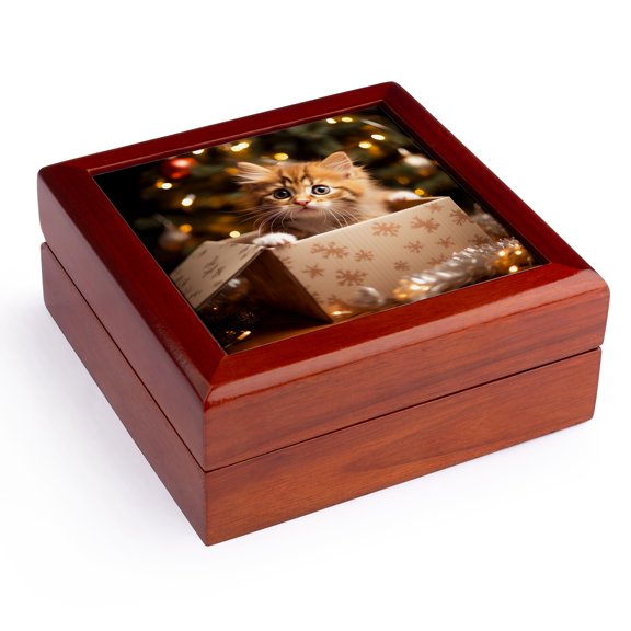3dRose, Photograph of a kitten sitting inside a box beside a Christmas tree., Jewelry Box 5.5x5.5 inch with 4 inch tile