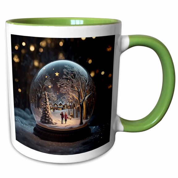 3drose, Photograph of a Snow Globe with a Winter Scene and a Couple Walking., 11oz Two-tone Green Mug