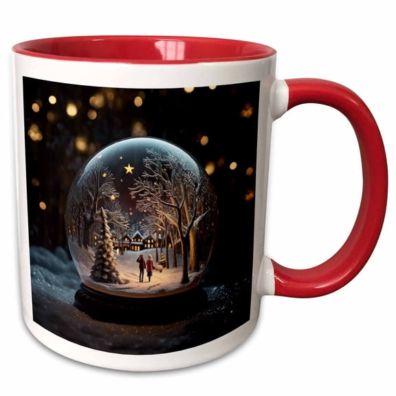 3drose, Photograph of a Snow Globe with a Winter Scene and a Couple Walking., 15oz Two-tone Red Mug