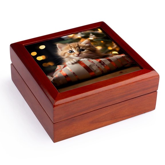 3dRose, Photograph of an orange kitten peeking from behind a Christmas present, Jewelry Box 5.5x5.5 inch with 4 inch tile