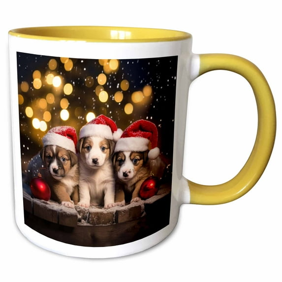 3drose, Photograph of Three Cute Puppies Wearing Christmas Hats in the Snow., 11oz Two-tone Yellow Mug