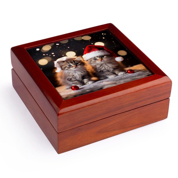 3dRose, Photograph of two adorable kittens wearing Santa hats in the snow., Jewelry Box 5.5x5.5 inch with 4 inch tile