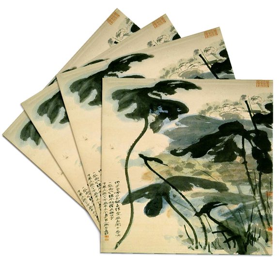 3dRose, Picture Of Ancient Chinese Lotus Painting, Set of 4 Ceramic Tile Coasters