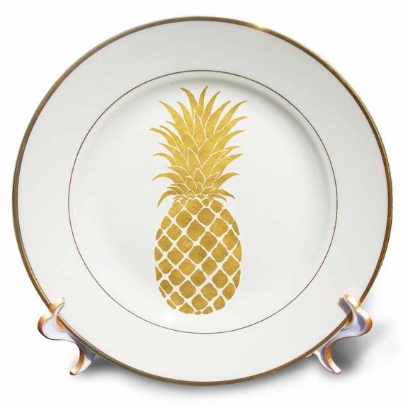 3dRose, Picturing Gold Glitz Pineapple, 8 inch Porcelain Plate