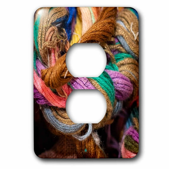 3dRose, Pile of colorful knitting yarns. Brown, red, green, and purple colors, 2 plug outlet cover