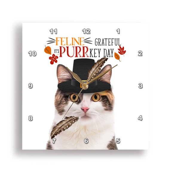 3dRose, Pilgrim Hat and Turkey Feather with Thanksgiving Calico Kitty Cat, 15x15 Wall Clock