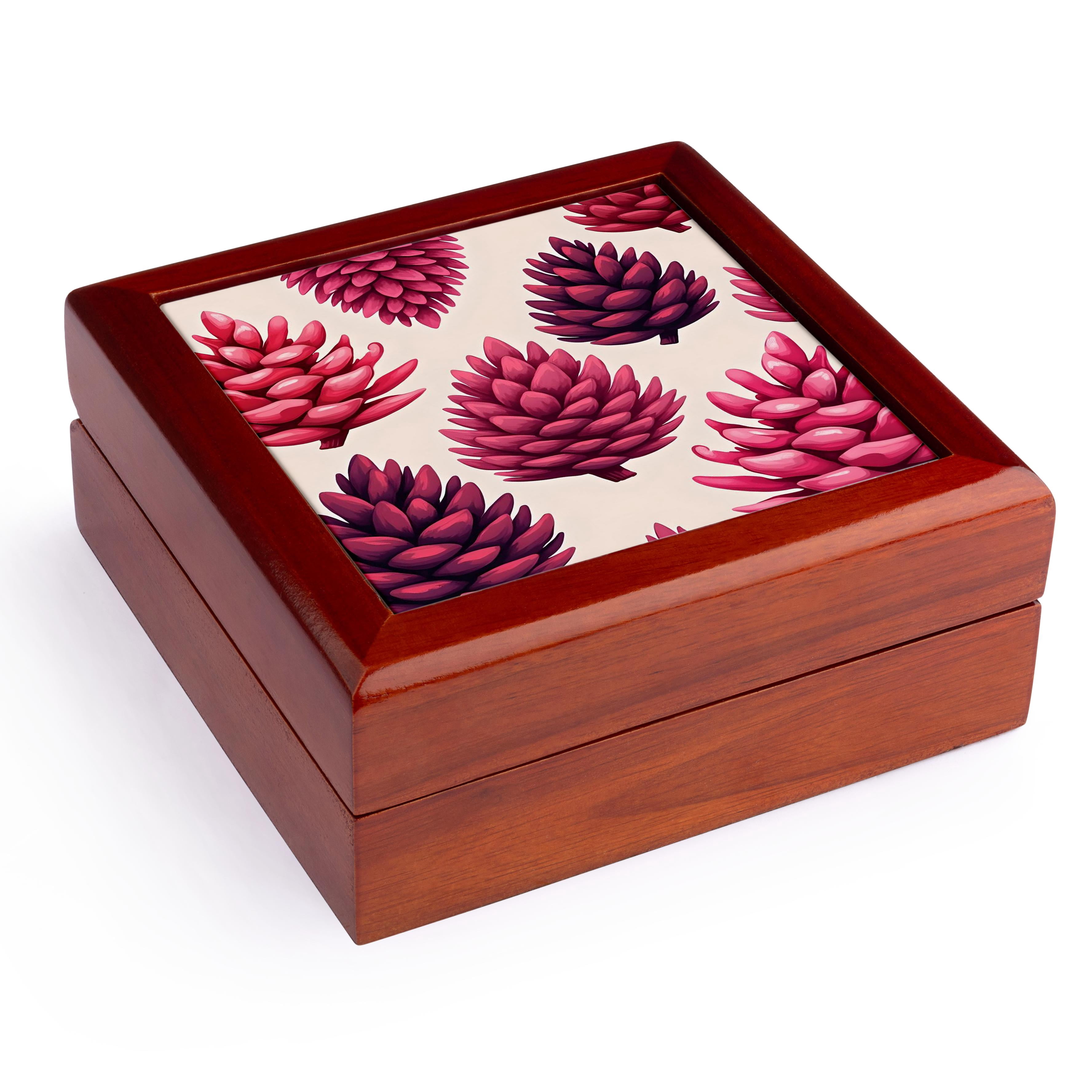 3dRose, Pinecones Pink Pattern MId-Century Modern Kitschy Design, Jewelry Box 5.5x5.5 inch with 4 inch tile