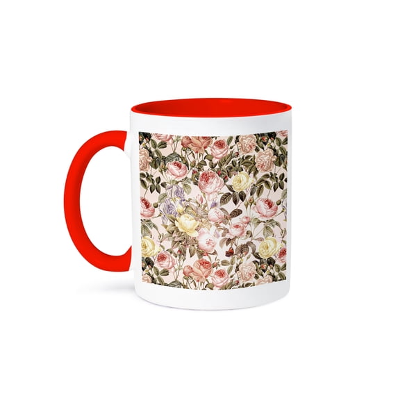 3dRose, Pink and Yellow Retro Vintage Rose Flowers Pattern, 11oz Two-Tone Red Mug