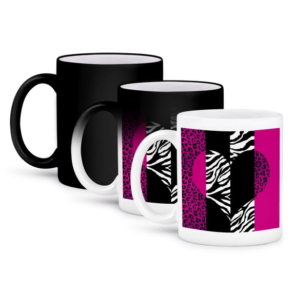 3dRose, Pink Black and White Animal Print - Leopard and Zebra Heart, 11oz Magic Transforming Mug