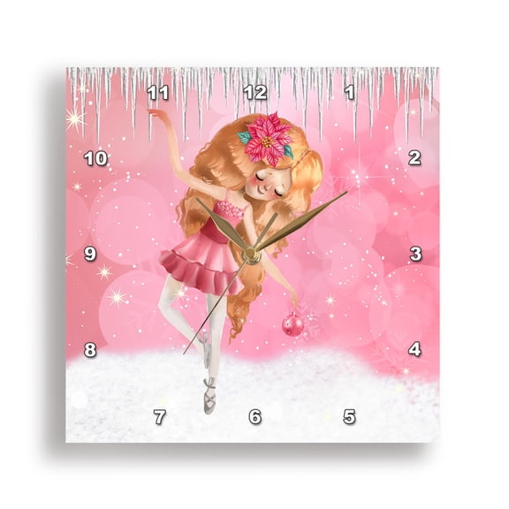 3dRose, Pink Christmas Ballet Dancer in Winter for Girls in Pink and White, 15x15 Wall Clock