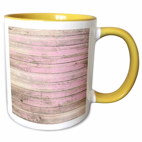3drose, Pink Distressed Printed Faux Wood, 11oz Two-tone Yellow Mug