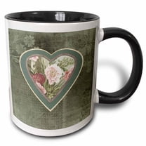 3drose, Pink Flowers into Heart on Green Sage Flower Design, 11oz Two-tone Black Mug