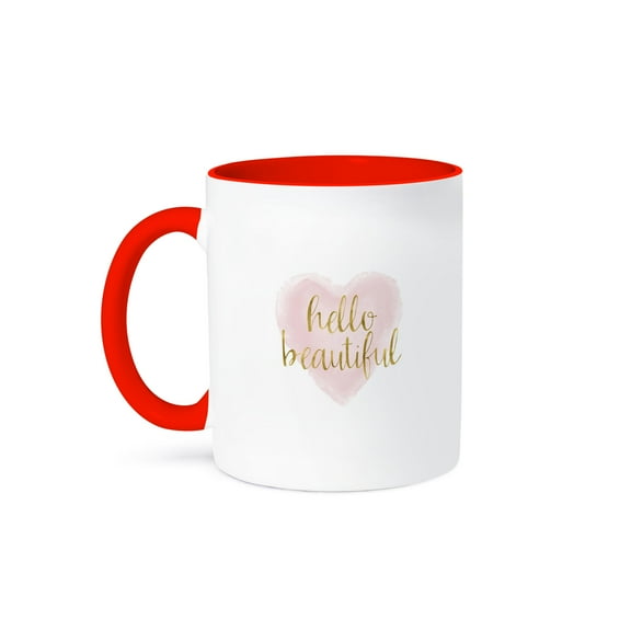 3dRose, Pink Gold Hello Beautiful Heart, 11oz Two-Tone Red Mug