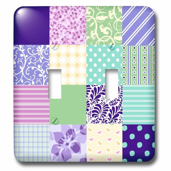 3dRose, Pink Lilac Purple Green and Yellow Quilt inspired squares pattern - Girly Pastel, double toggle switch