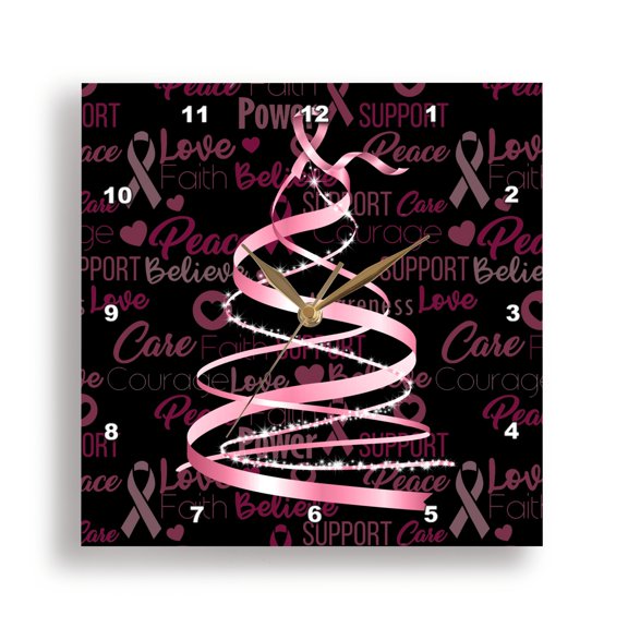3dRose, Pink Ribbon Breast Cancer Awareness Christmas Tree, 15x15 Wall Clock