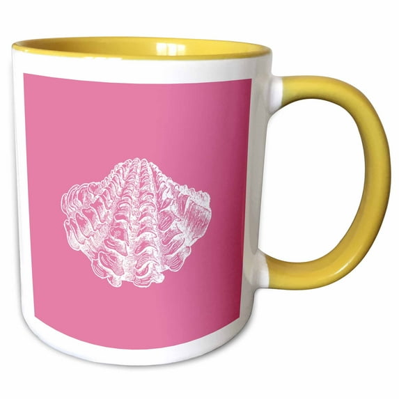 3drose, Pink Seashell Etching Print. Modern Sea Shell Clam Beach Ocean Life, 11oz Two-tone Yellow Mug
