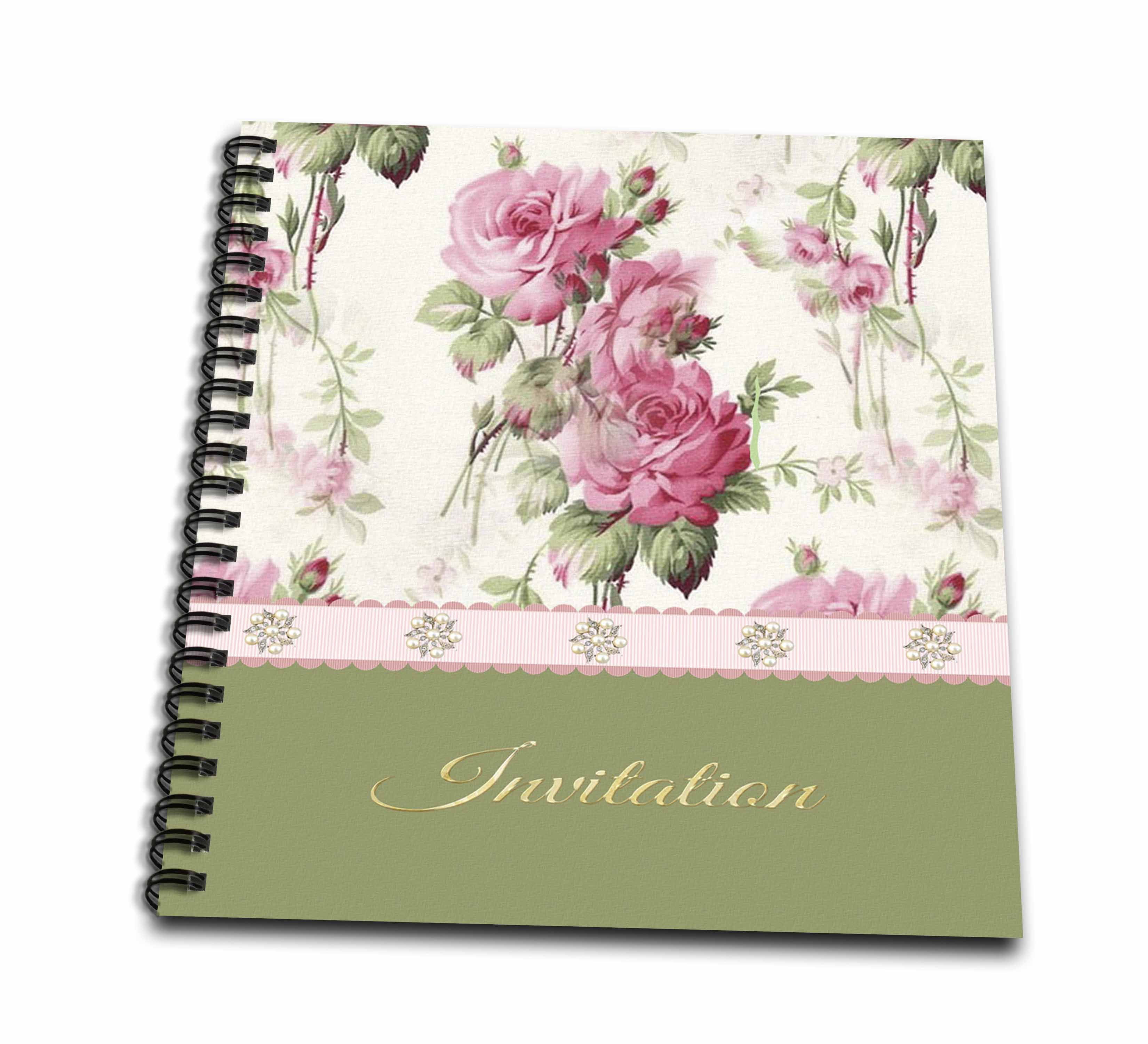 3dRose, Pink Vintage Look Roses, Ribbon Look, Pearled Jewel Look, Invitation, Memory Book 12 x 12 inch