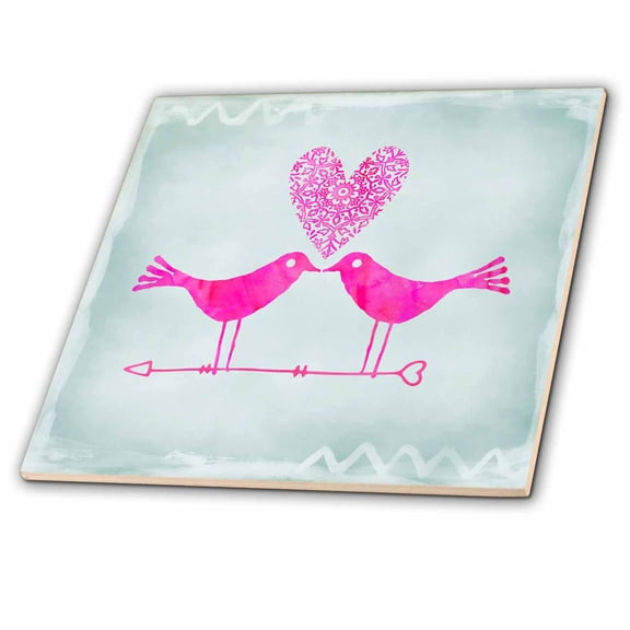 3dRose, Pink Watercolor Love Birds On Grey , 4 Inch Ceramic Tile