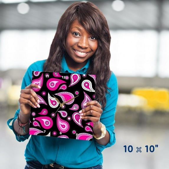 3dRose, Pink and Black Paisley Print, 10x10 Wall Clock