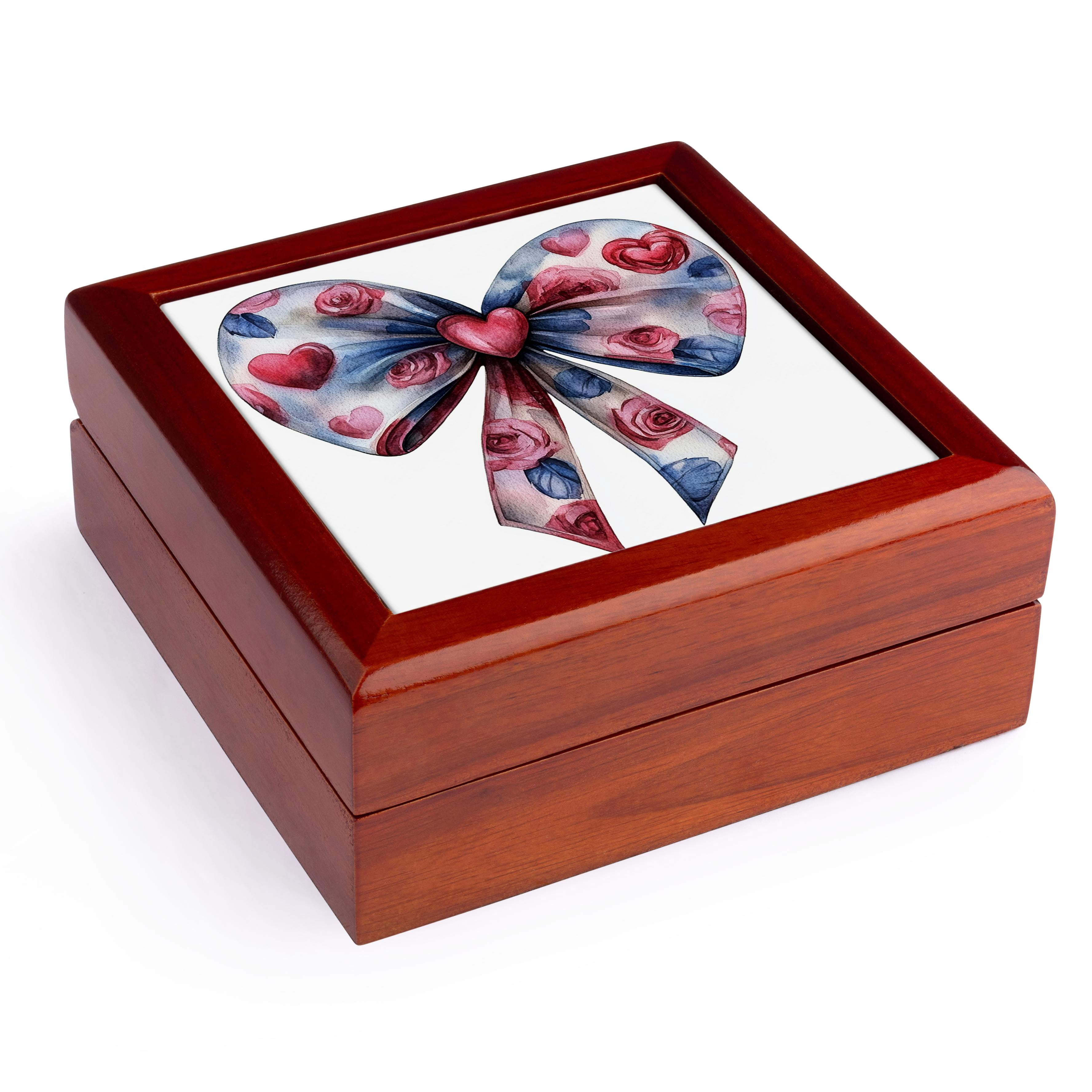 3dRose, Pink and Blue Valentine Heart Bow Illustration, Jewelry Box 5.5x5.5 inch with 4 inch tile
