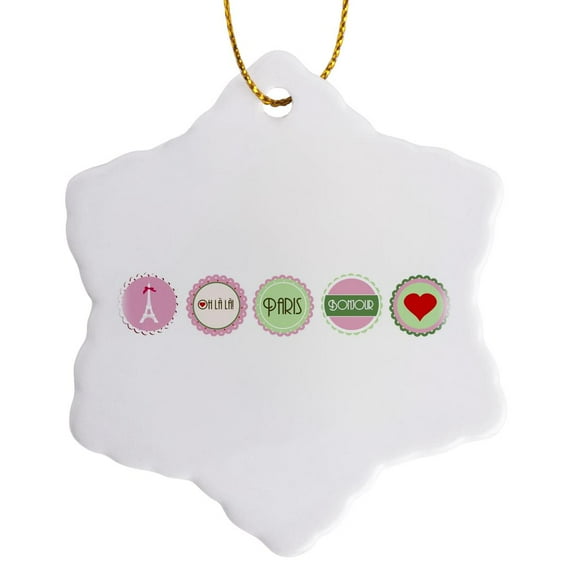 3drose, Pink and Green Love Paris Girly Design - Eiffel Tower Bonjour Heart and Oh La La Frilly Circles, 3 inch Snowflake Porcelain Ornament