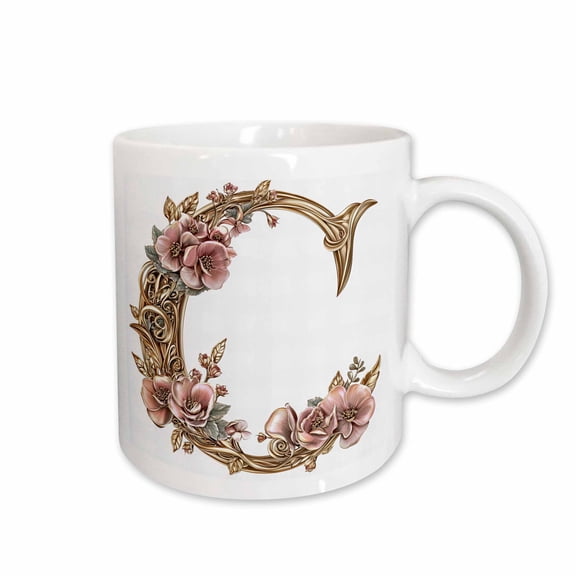 3drose, Pink and Image of Gold Floral Monogram Initial C, 15oz Mug