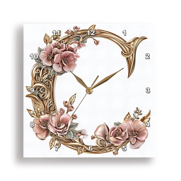 3dRose, Pink and Image Of Gold Floral Monogram Initial C, 15x15 Wall Clock