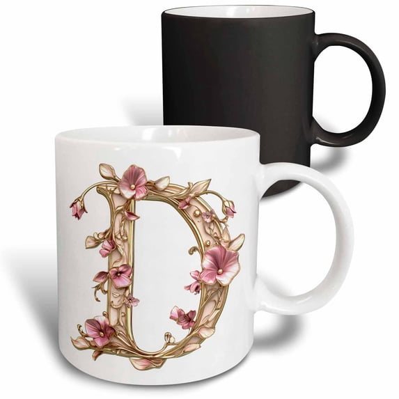 3drose, Pink and Image of Gold Floral Monogram Initial D, 11oz Magic Transforming Mug