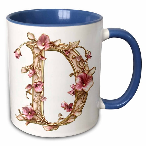 3drose, Pink and Image of Gold Floral Monogram Initial D, 11oz Two-tone Blue Mug
