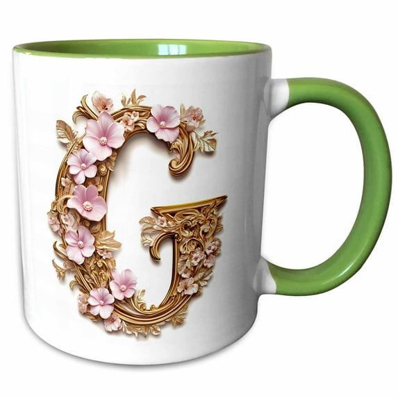 3drose, Pink and Image of Gold Floral Monogram Initial G, 11oz Two-tone Green Mug